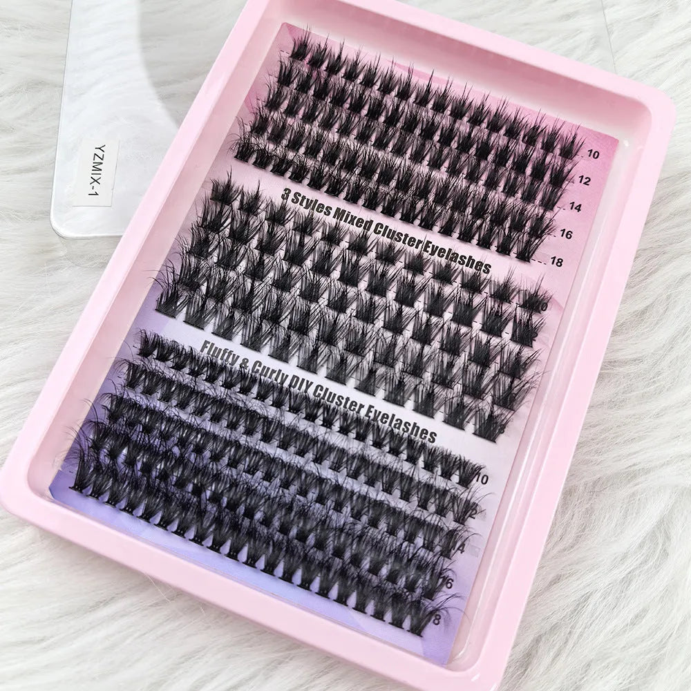 Mixed false eyelash set showing five different styles in a large capacity storage box measuring 13.7cm by 13.5cm
