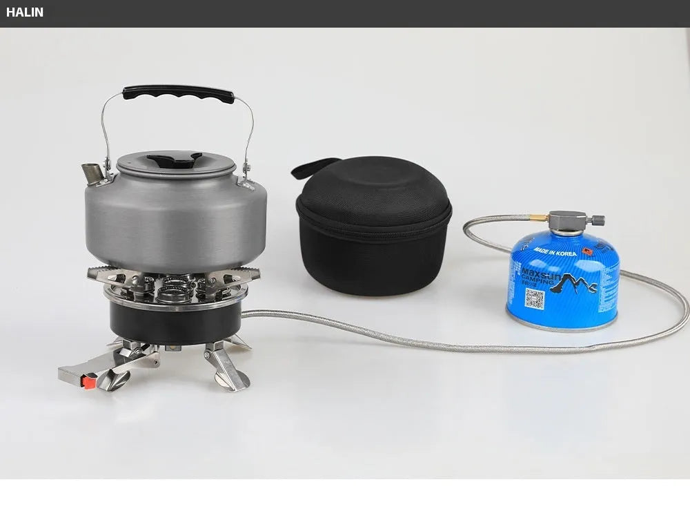 Silver foldable stainless steel portable camping split stove with a long gas hose