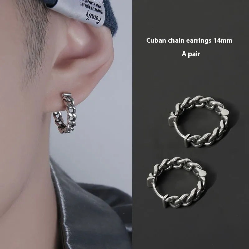 Men's silver-toned geometric copper earrings for hip hop style, shown in 10mm and 14mm sizes.