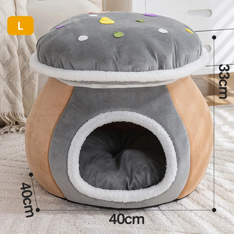 Grey mushroom-shaped plush cat bed with a detachable rabbit blanket for winter warmth.