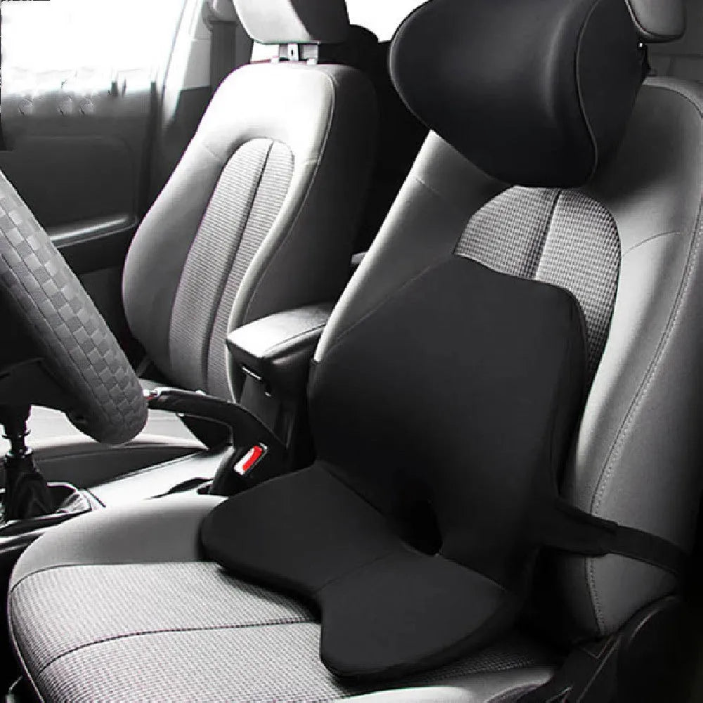Memory foam car seat cushion and optional headrest in beige colour on a car seat