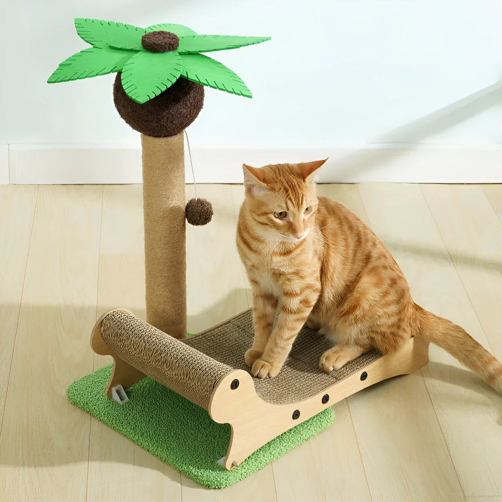 Wooden beach chair-style cat climbing frame with integrated nest, scratch board, and hemp mat