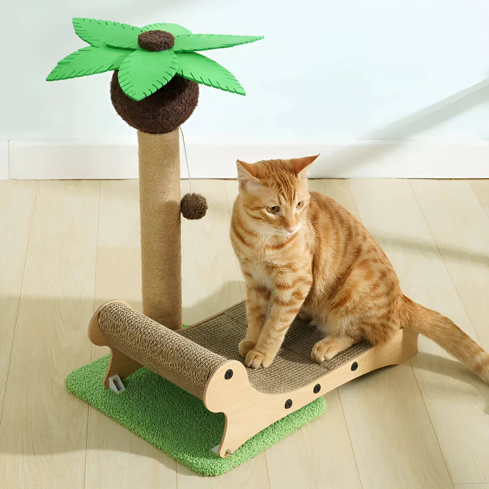 Wooden beach chair-style cat climbing frame with integrated nest, scratch board, and hemp mat