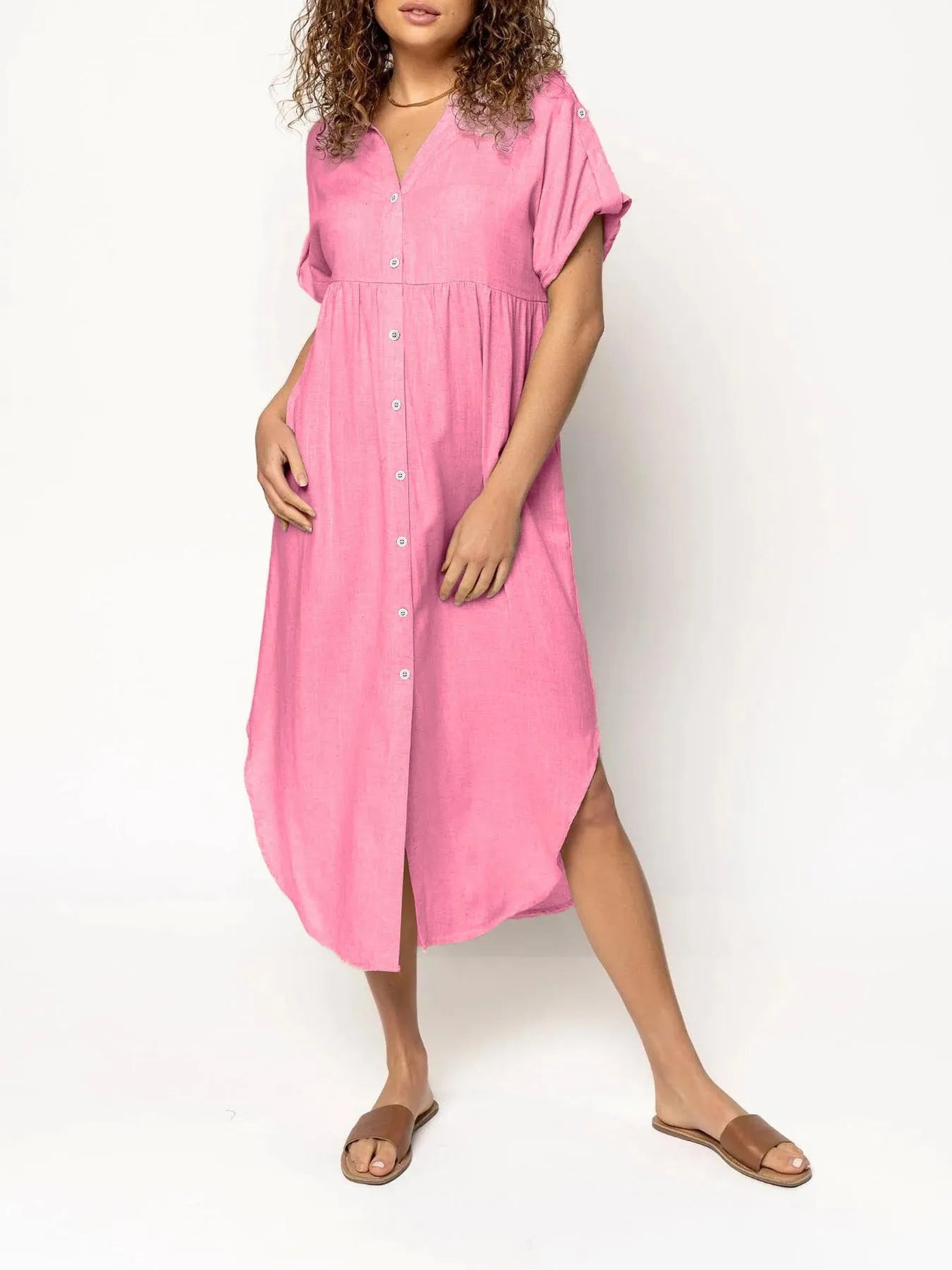 Loose casual button-front mid-length dress in solid colour