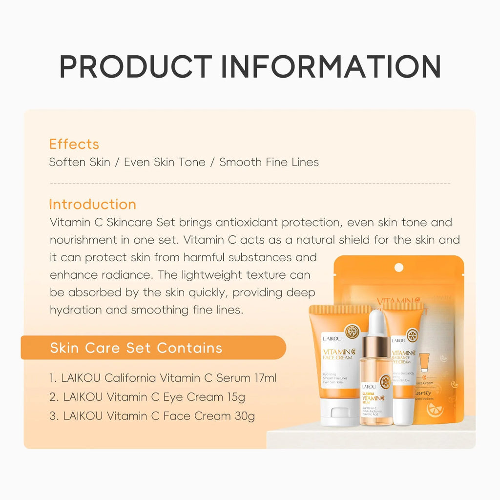 Laikou Vitamin C skin care set 3-piece set with facial cleanser, essence, and eye cream