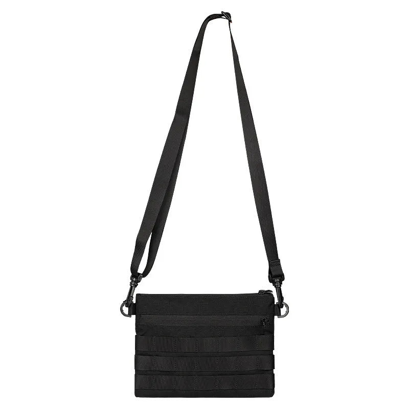 Black Oxford cloth outdoor belt bag with compact 18cm by 3.5cm dimensions for tactical and sports use