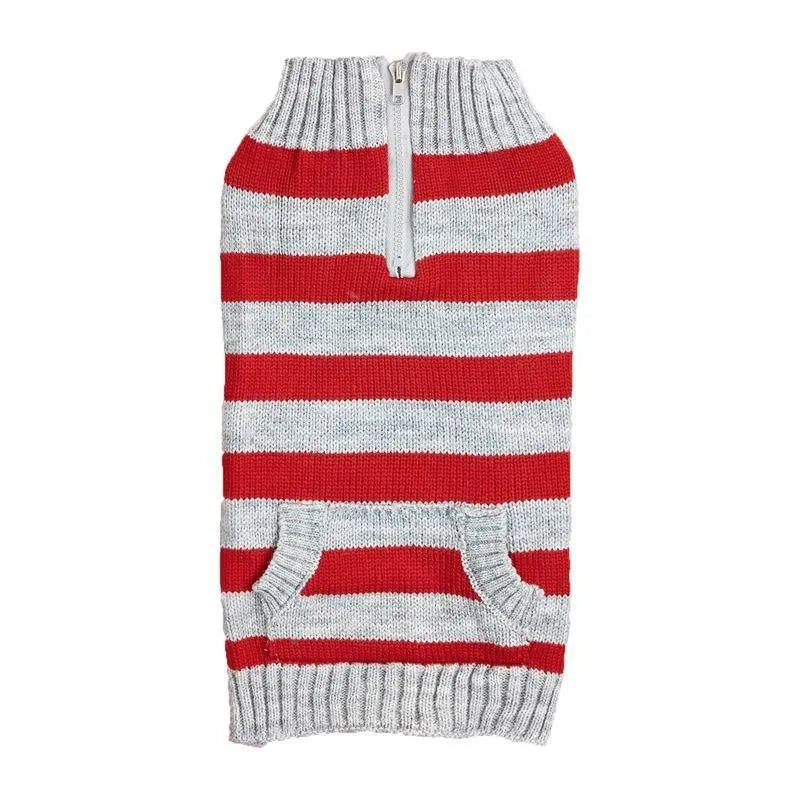 Grey dog sweater with horizontal zipper and contrast colour button pocket on small dog