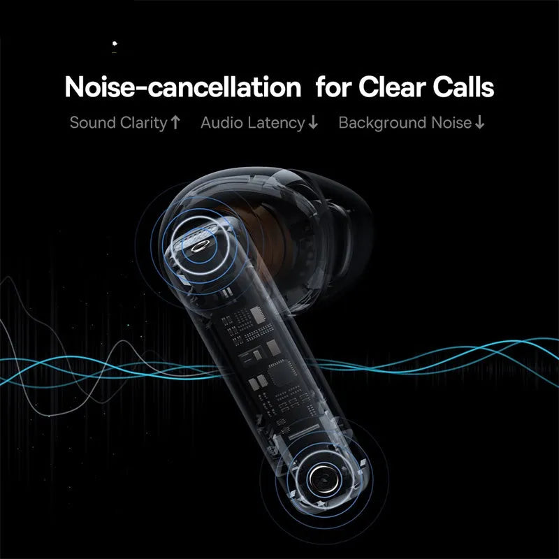 Pearl White and Obsidian Black true wireless earbuds with active noise cancellation and a matching charging case.