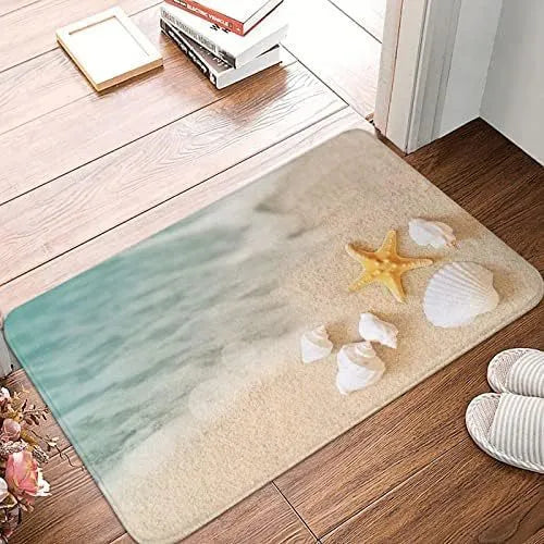 Modern square polyester flannel floor mat showing coastal starfish print design on a wooden floor.