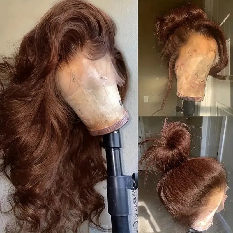 Dark brown front lace wig with long curly hair and side bangs in exotic style