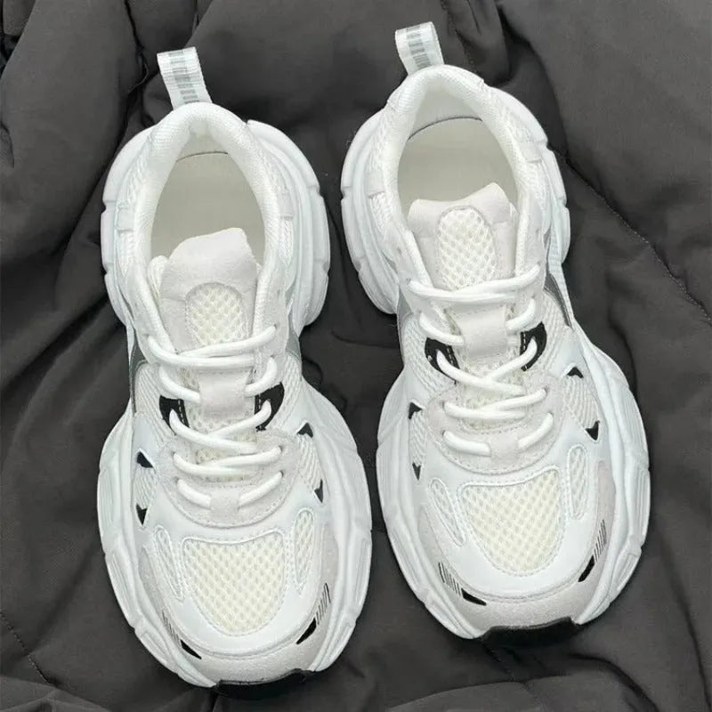 Beige mesh platform casual sports shoes with wedge heel and front lace-up design
