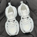 Beige mesh platform casual sports shoes with wedge heel and front lace-up design