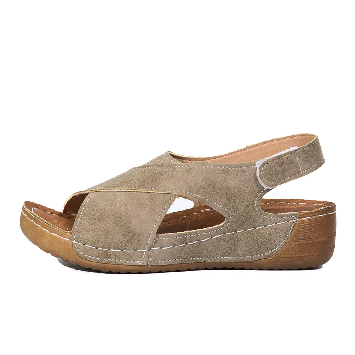 Roman platform sandals with skirt detail and adjustable Velcro strap in khaki colour