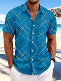Men's casual beach short sleeve button shirt with striped feather pattern in loose fit polyester fabric