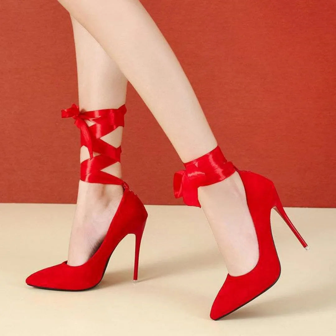 Women's black pointed toe stiletto pumps with shallow mouth design and fabric strap