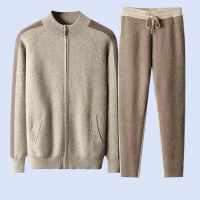 Men's cashmere wool blend knitted suit set with half turtleneck zipper cardigan and matching trousers for winter wear