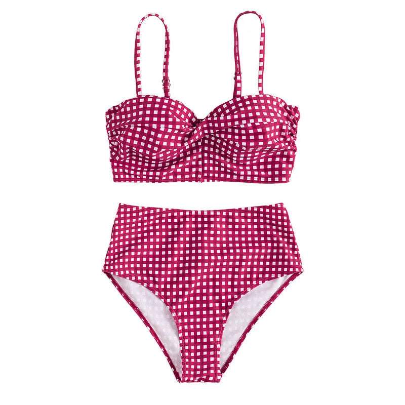 Women's plaid high-waist bikini swimsuit in rose red, showing the two-piece design and split-leg cut.