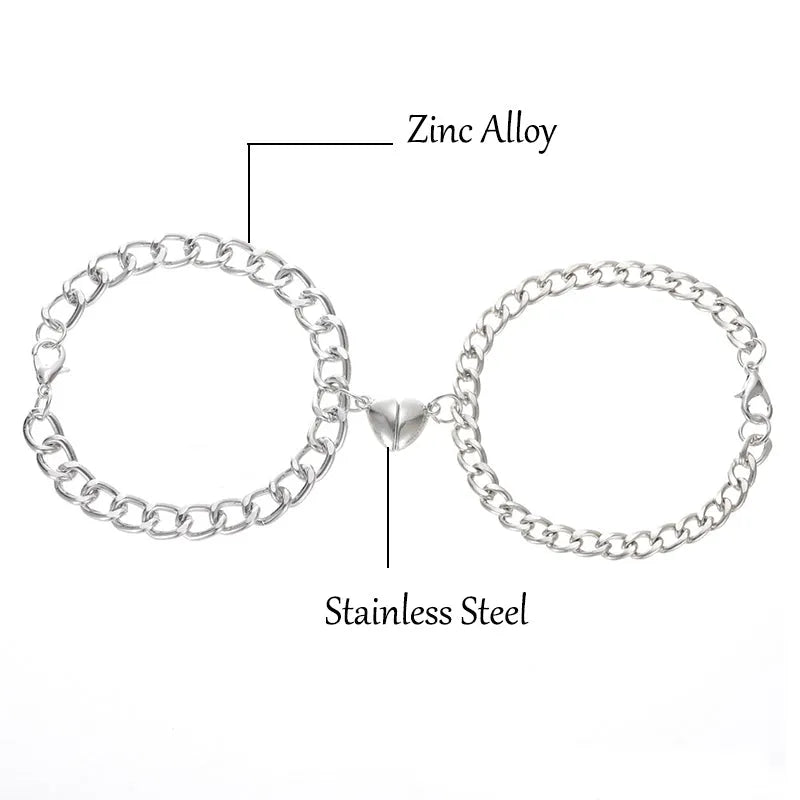Silver magnetic couple bracelet with heart charm on stainless steel chain