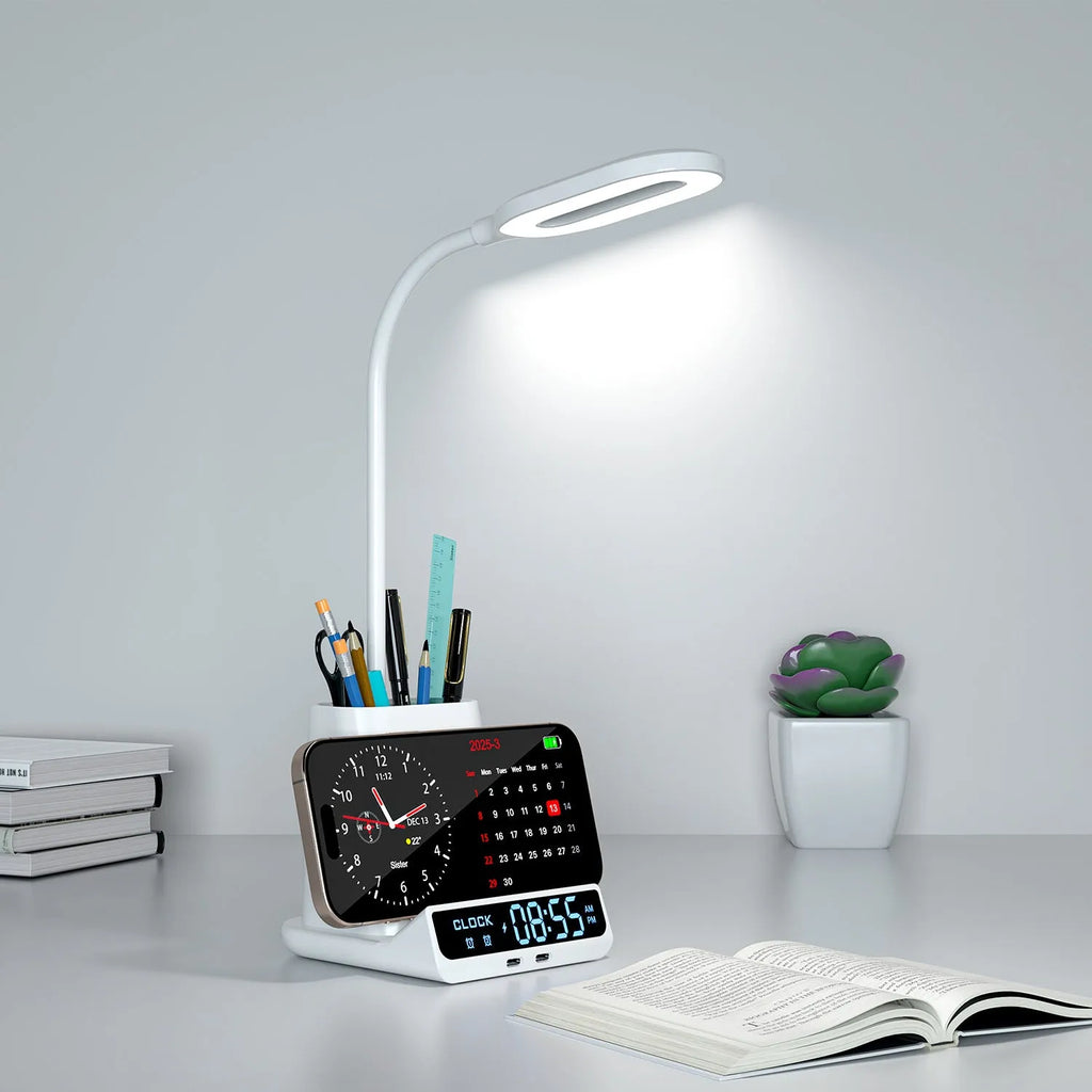 Wireless charging desk lamp with integrated pen holder and storage compartment in modern design