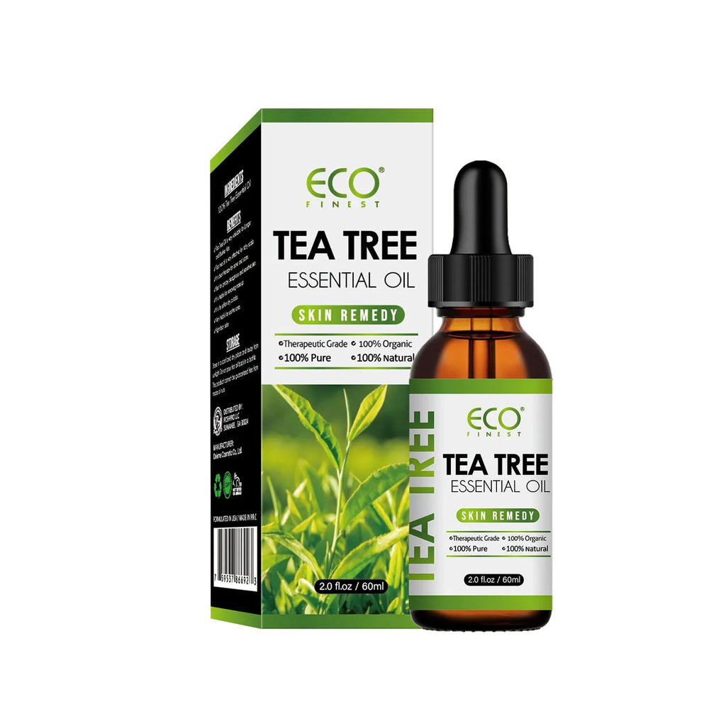 A 60ml glass bottle of pure tea tree essential oil for massage and skincare.