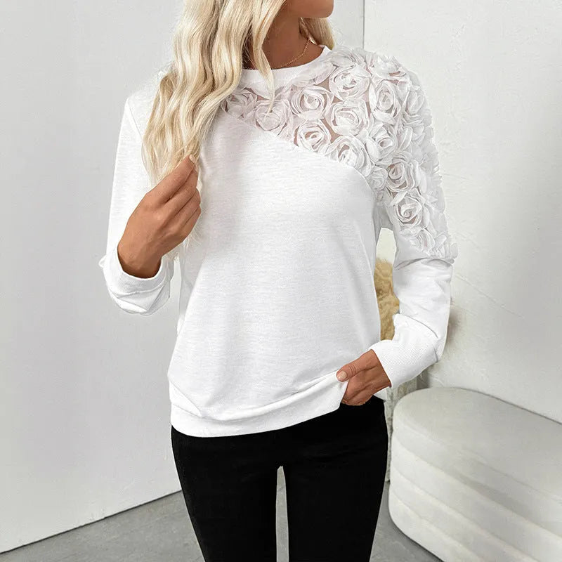 White women's floral pattern long sleeve pullover top with loose fit in European and American sizing