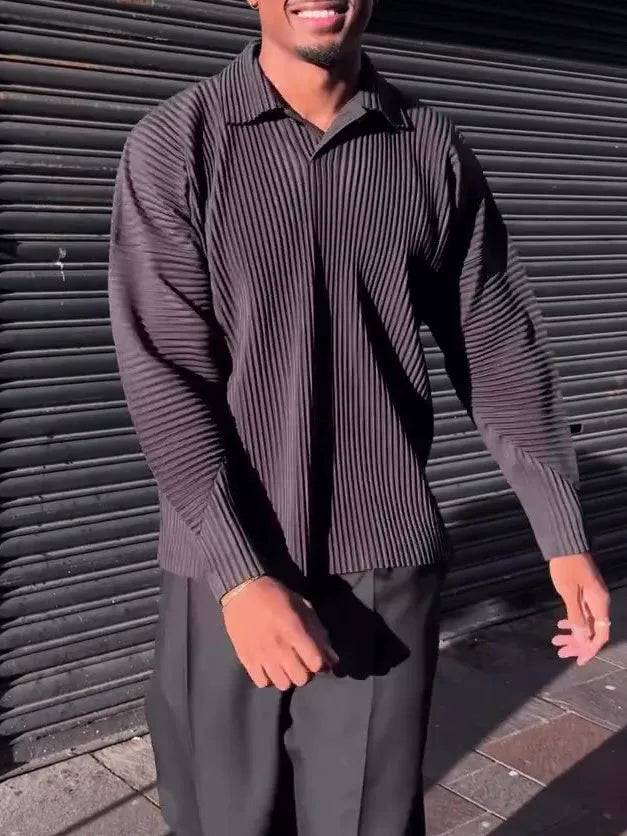 Men's casual pleated long-sleeved top in black polyester regular fit daily wear