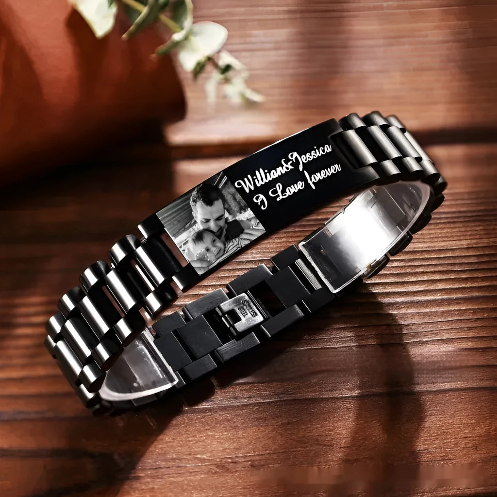 Titanium steel men's bracelet with curved heart-shaped lettering piece in gift box
