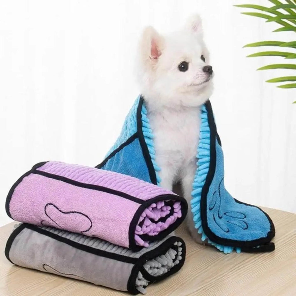 Blue pet bath robe towel wrapped around a dog, showing quick-dry fabric and bathrobe style design.