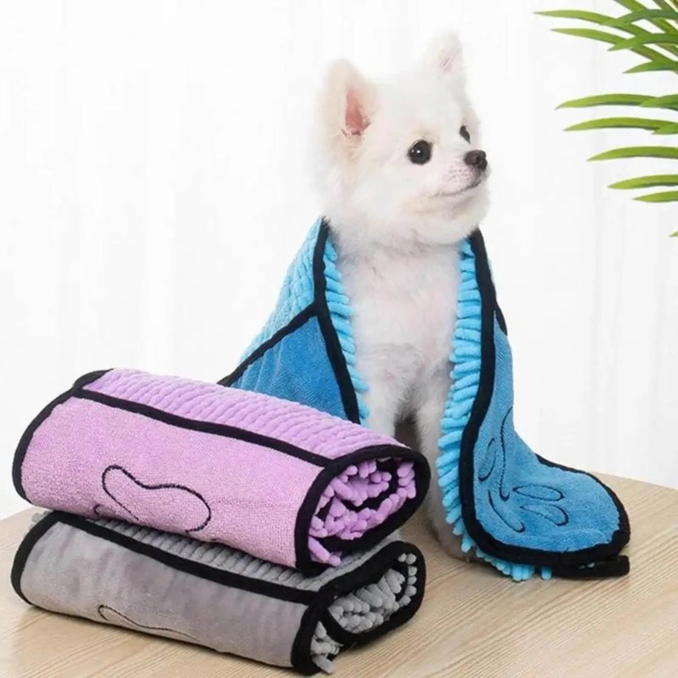 Blue pet bath robe towel wrapped around a dog, showing quick-dry fabric and bathrobe style design.