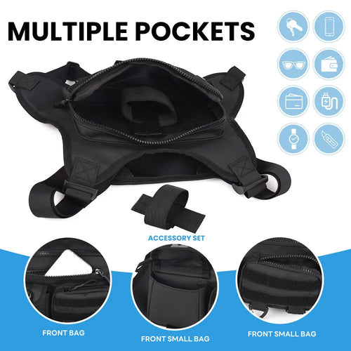 Men's oxford cloth chest bag in black, shown in a vest-style design for outdoor sports and daily wear.
