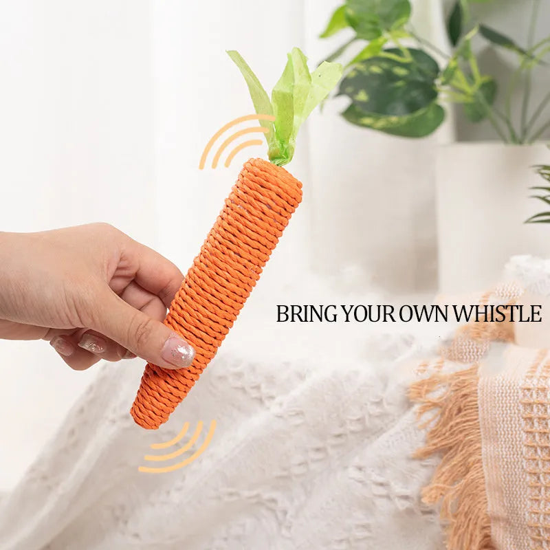 Set of assorted cat toys including fabric carrot bites, crinkly paper toys, ringing stones, feather-like sticks, and chewable tooth grinding sticks.