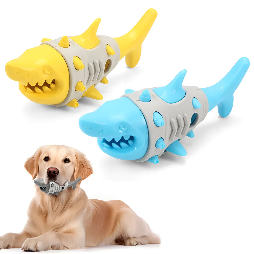 Blue, grey, and yellow shark-tooth shaped dog chew toy with textured surfaces and venting holes.