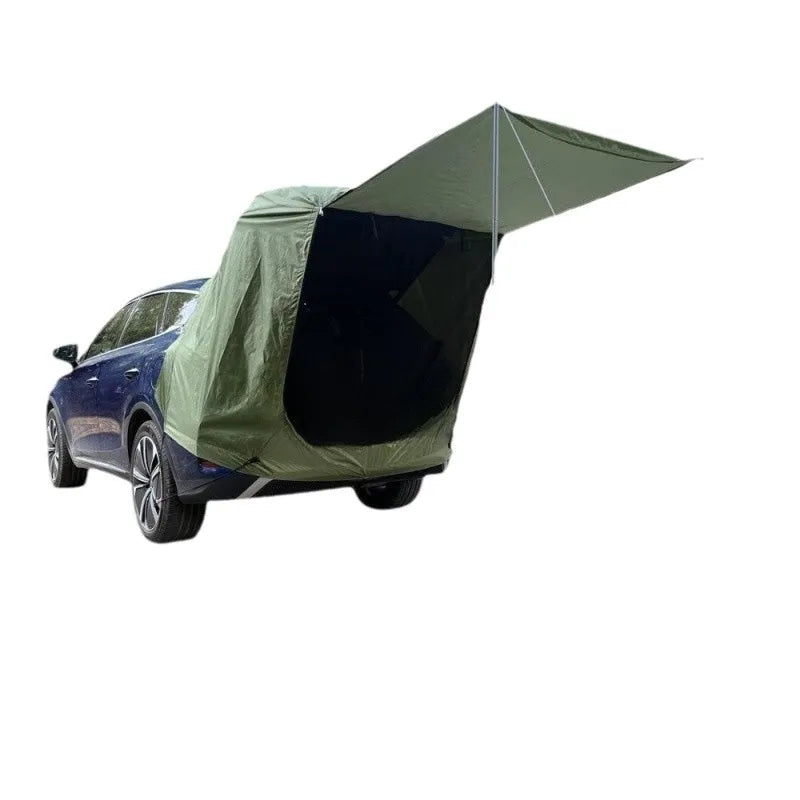 Outdoor camping rear tent extension in army green with jackstay and reflective wind rope for roof-mounted shelter