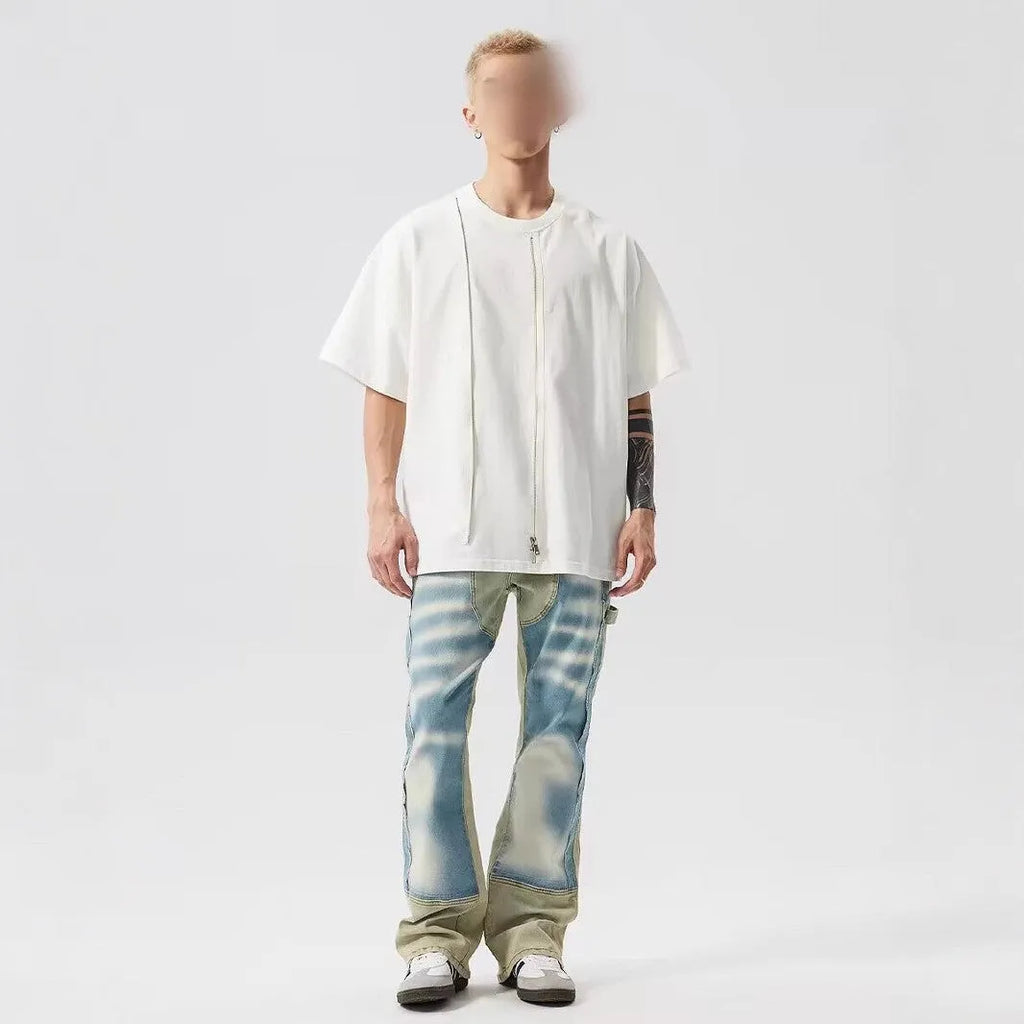 Yellow and blue retro patchwork jeans with splash-ink damaged design, mid-waist cut with zip fly