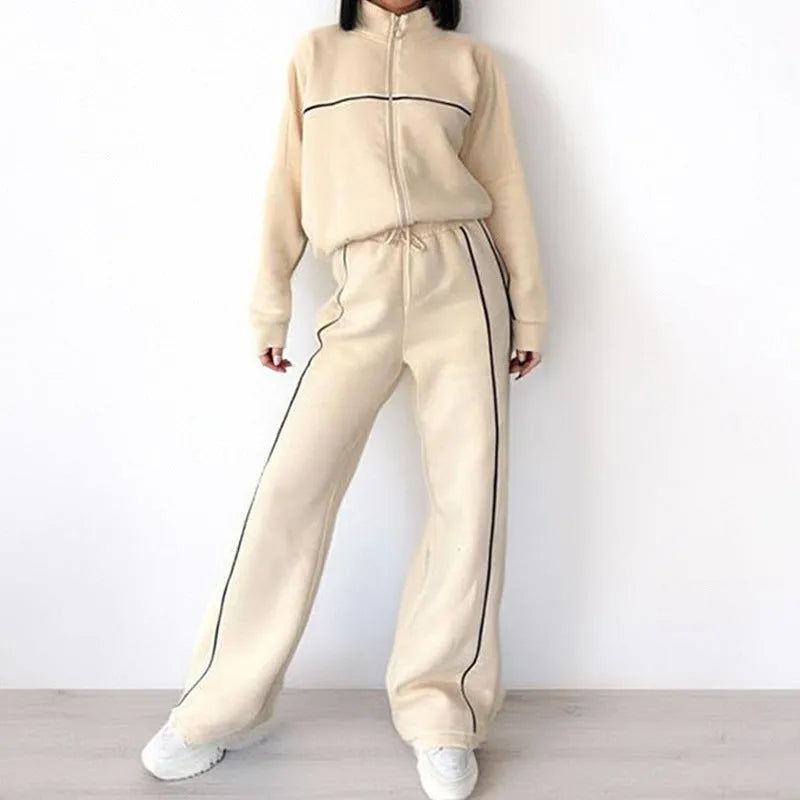 Casual striped suit set with mock neck hoodie and trousers in six colour options