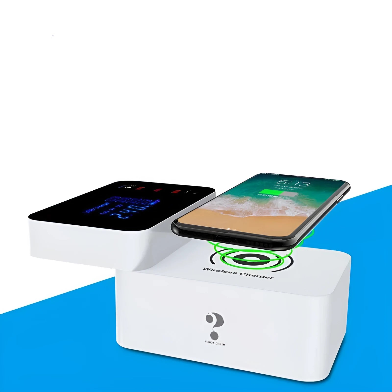 White multi USB port wireless fast charger with international plugs and 1.5 metre cable