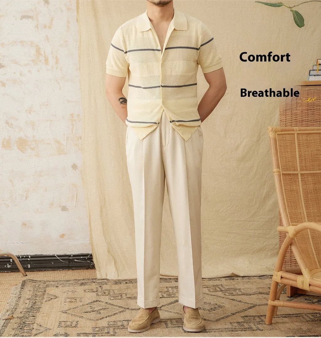 Camel coloured linen cotton short sleeve cardigan with a lapel collar laid flat.