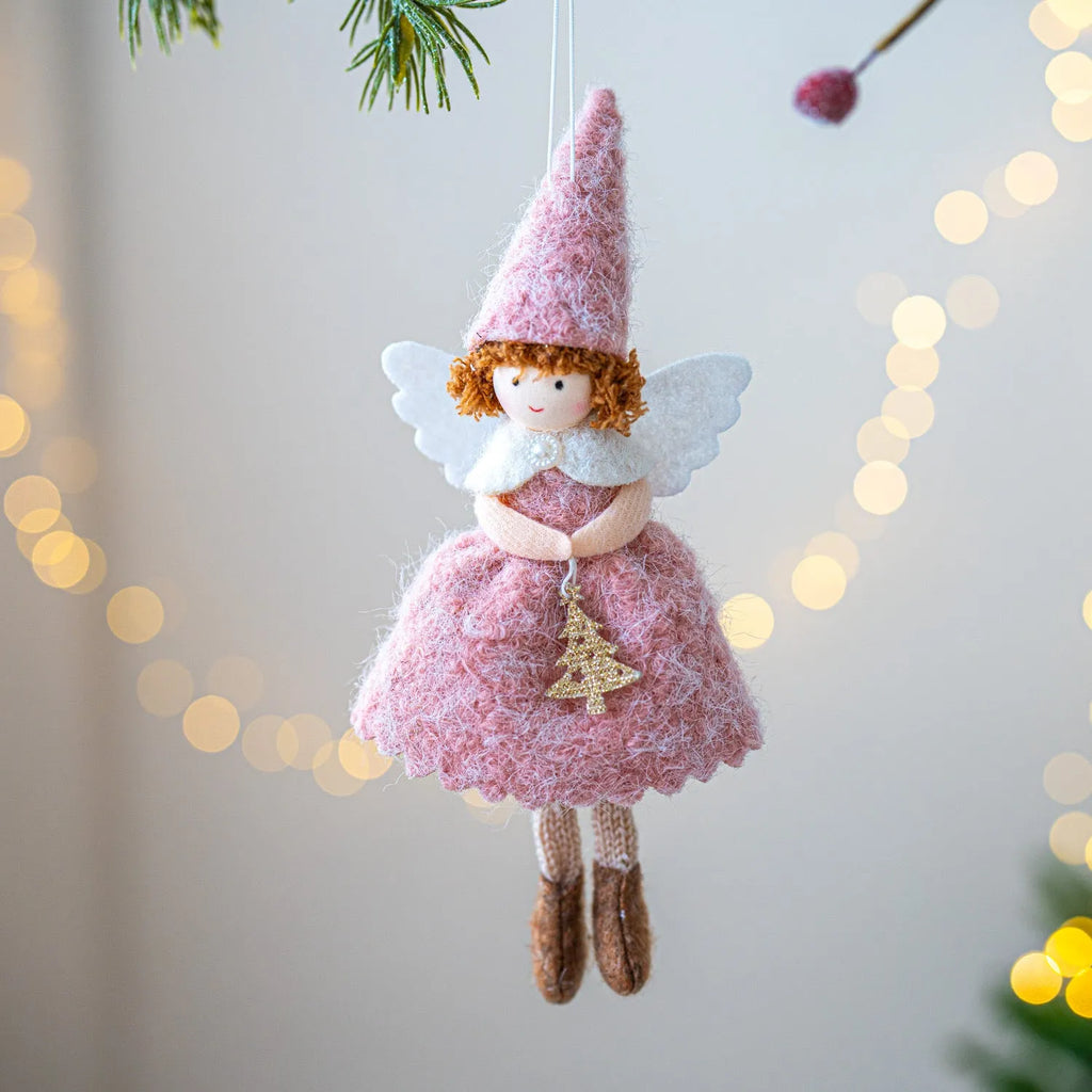 White cloth angel skirt Christmas pendant with plush texture on green tree branch