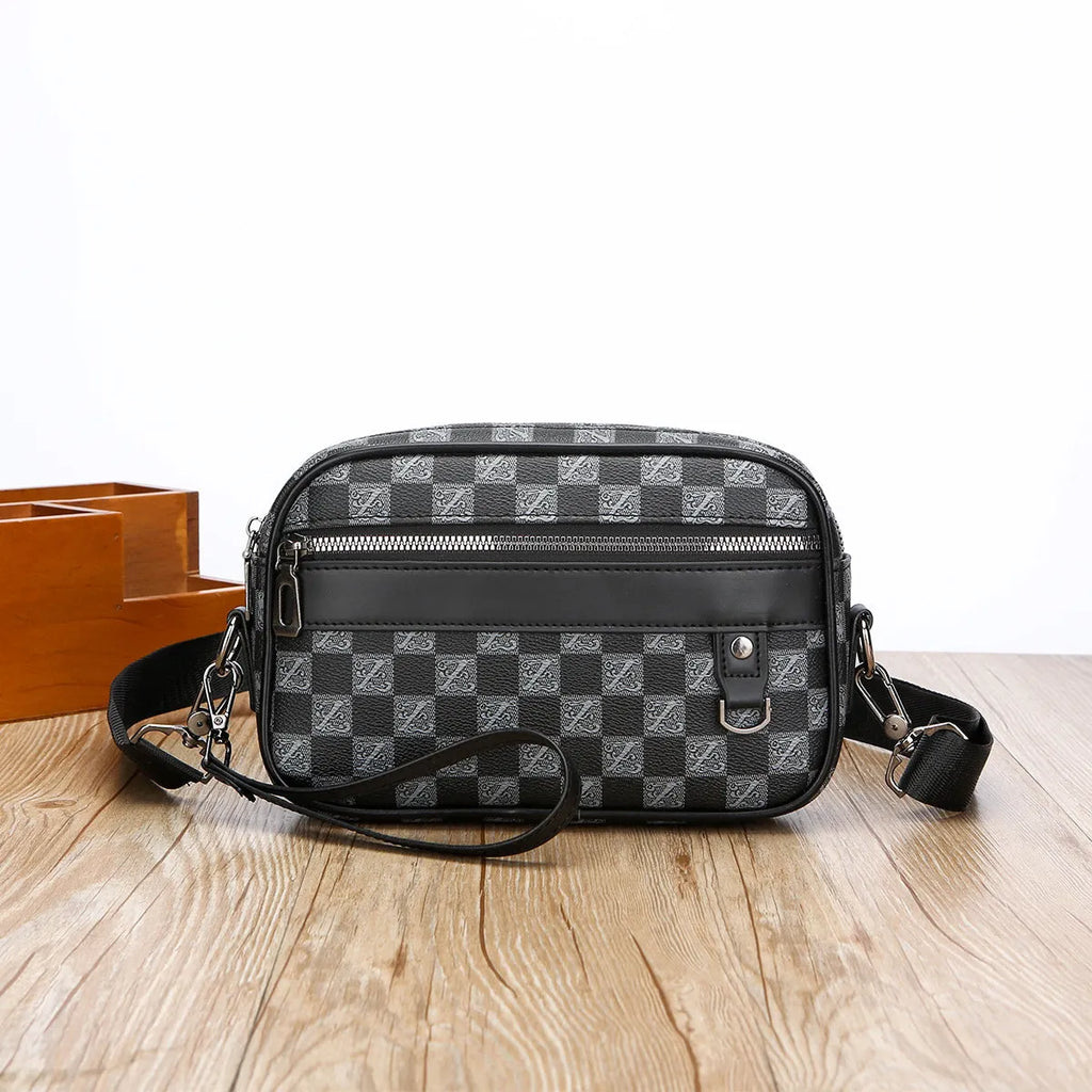 Men's geometric pattern messenger bag with shoulder strap and handheld option in black colour