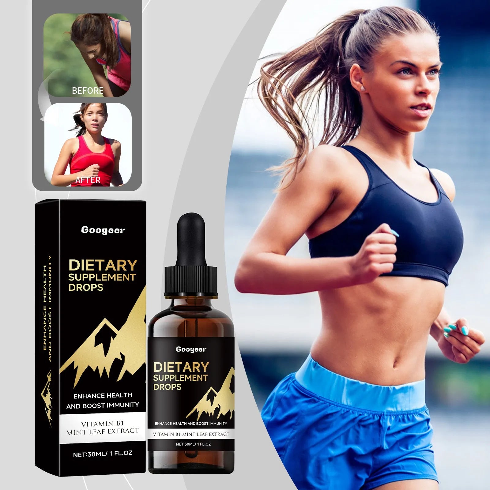 Clear bottle of amber liquid dietary supplement drops with a black dropper top.