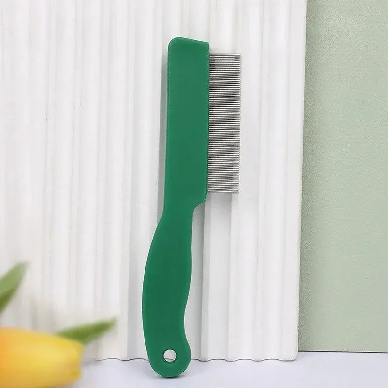 Green plastic-handled pet flea comb with stainless steel pins for dog and cat grooming