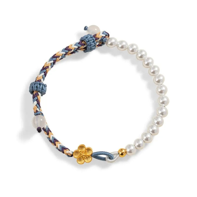 Peach coloured Chinese flower weaving carrying strap with sterling silver chalcedony and pearl decorations