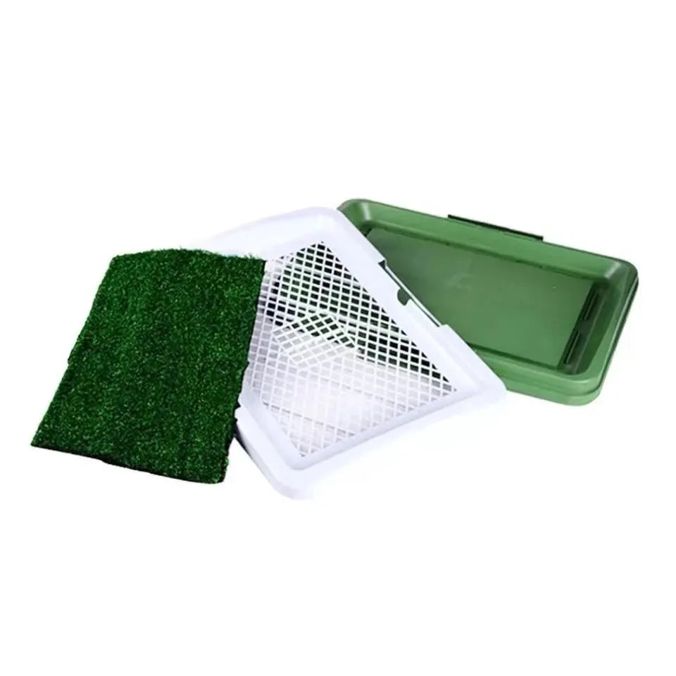 Green artificial grass indoor dog toilet tray with three-layer construction for puppy potty training
