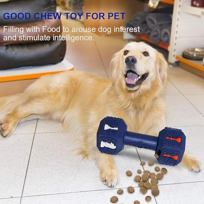 Black and blue rubber dumbbell dog chew toy with textured surface for aggressive chewers
