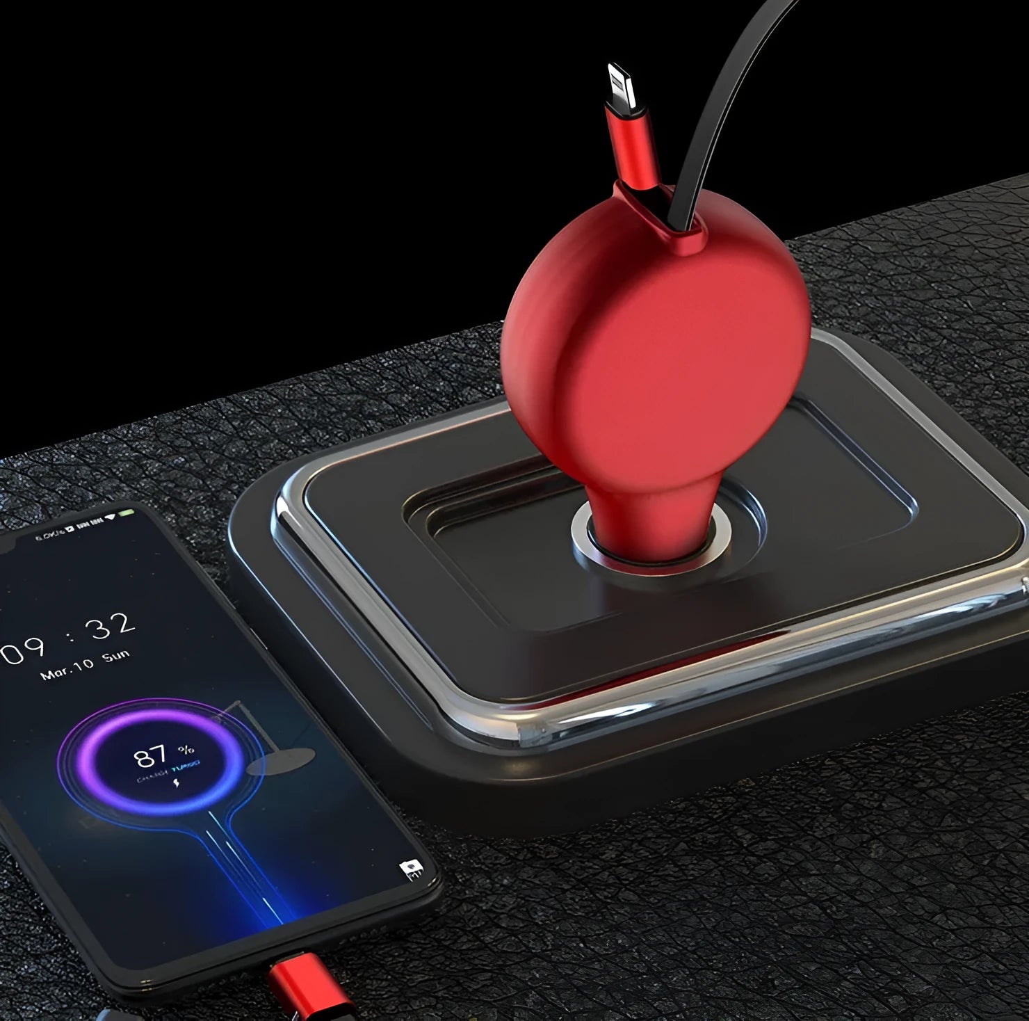 Black retractable car charger with two cables extended, showing Type-C and iPhone charging heads