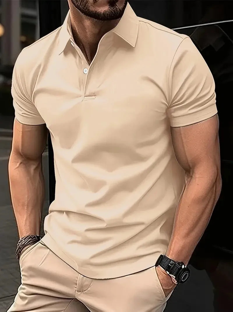 Men's slim-fit cotton-blend short-sleeve button-up shirt in solid colours on a size chart background.