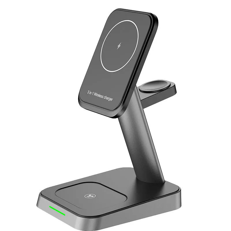 Black vertical wireless charging station with phone and watch charging on minimalist desk