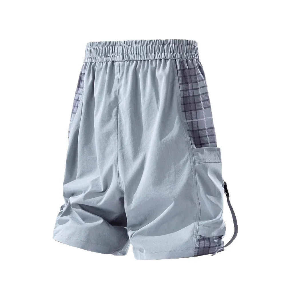 Men's loose fit cargo shorts with plaid stitching detail in black, light grey, and smoky grey colour options