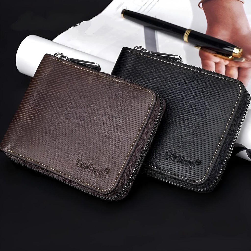Black embossed leather-look anti-theft wallet with zipper closure and credit card slots