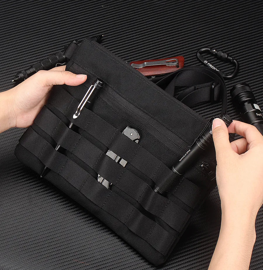 Black Oxford cloth outdoor belt bag with compact 18cm by 3.5cm dimensions for tactical and sports use